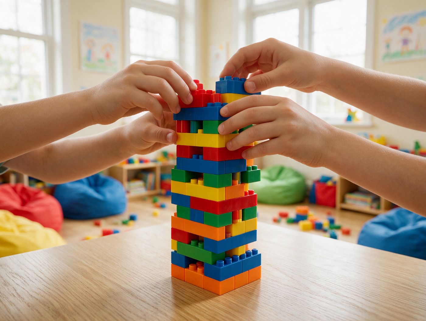 Hands building a tower of colourful bricks